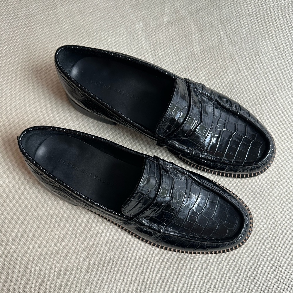 Freda Salvador Elba Penny Loafers Black Embossed Croc